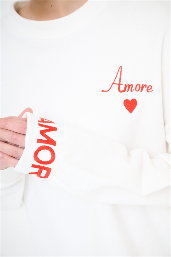 FELPA BASIC PARICOLLO RICAMO AMORE PANNA