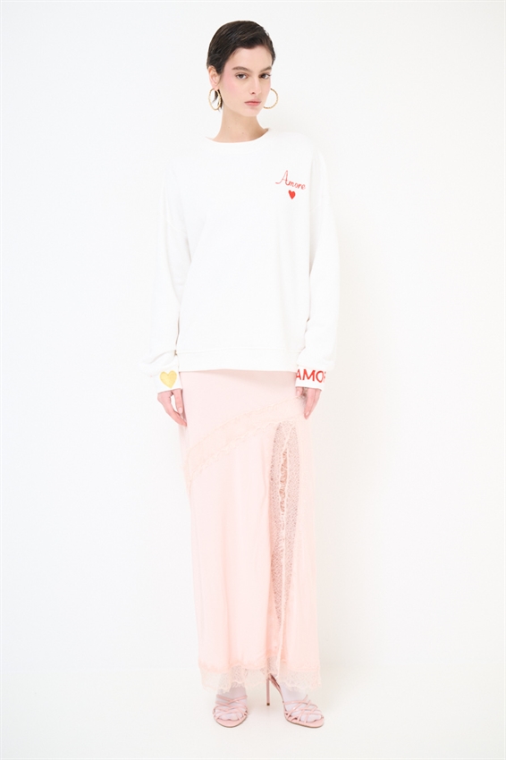 FELPA BASIC PARICOLLO RICAMO AMORE PANNA