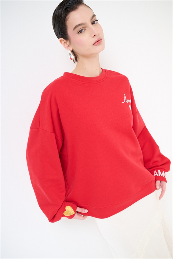 FELPA BASIC PARICOLLO RICAMO AMORE ROSSO
