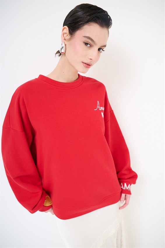 FELPA BASIC PARICOLLO RICAMO AMORE ROSSO