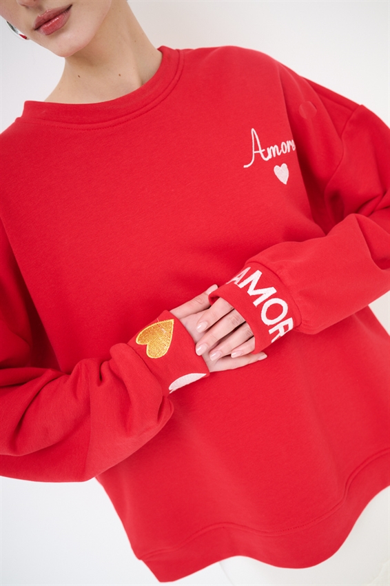 FELPA BASIC PARICOLLO RICAMO AMORE ROSSO