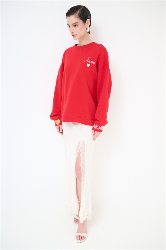 FELPA BASIC PARICOLLO RICAMO AMORE ROSSO