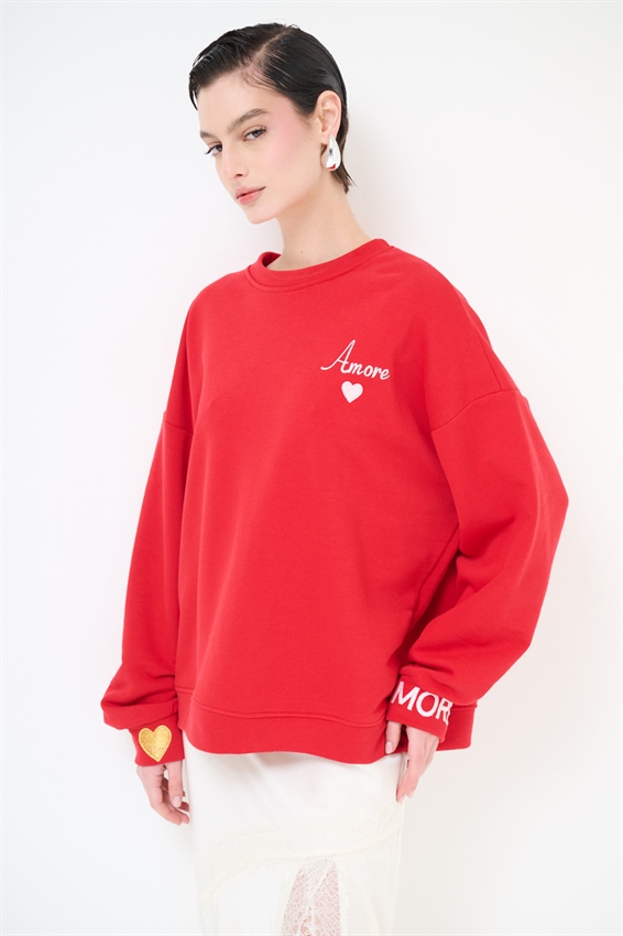 FELPA BASIC PARICOLLO RICAMO AMORE ROSSO