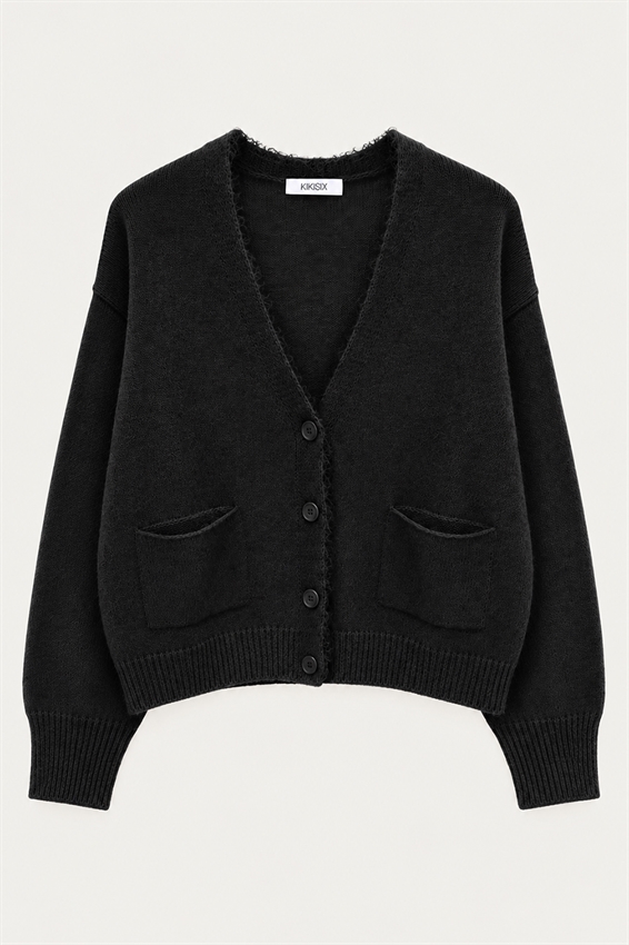 CARDIGAN A V CON TASCHE E PIZZO