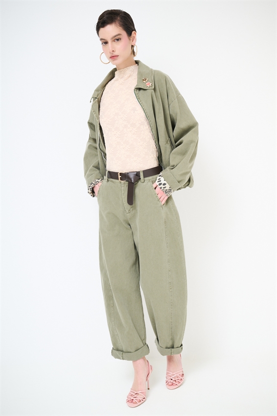 PANTALONE OVETTO DRILL LAVATO + CINTURA VERDE MILITARE