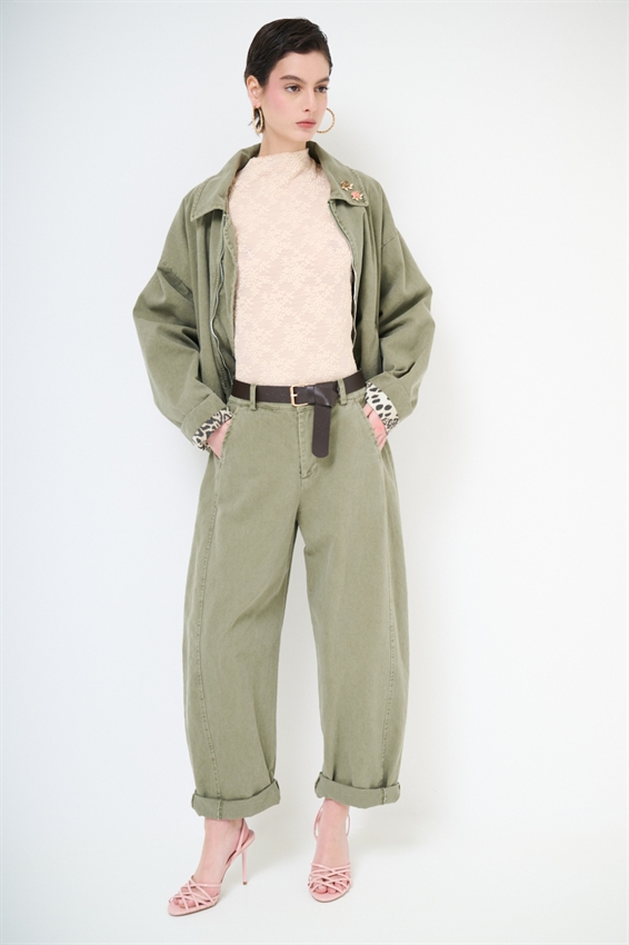 PANTALONE OVETTO DRILL LAVATO + CINTURA VERDE MILITARE