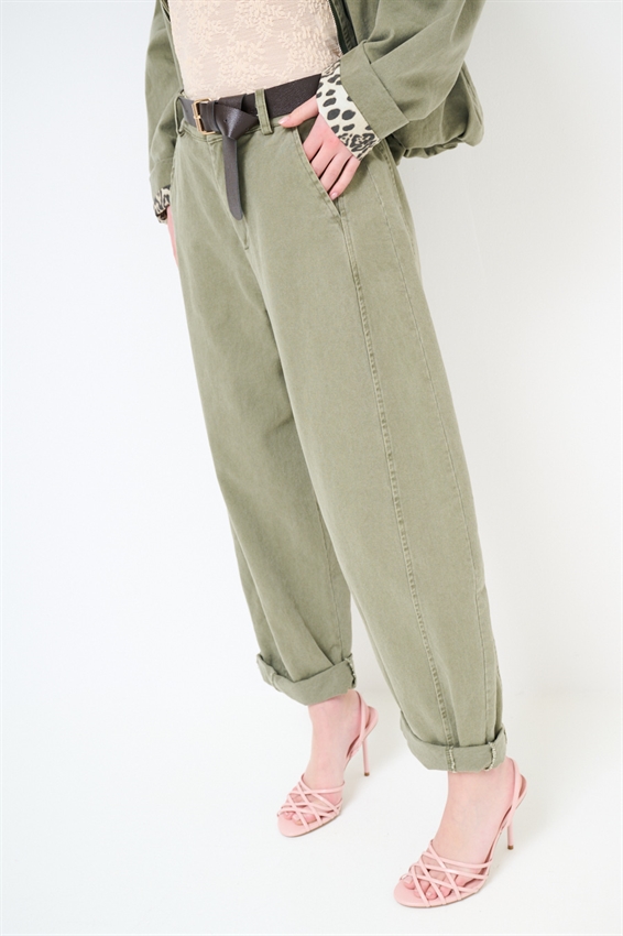 PANTALONE OVETTO DRILL LAVATO + CINTURA VERDE MILITARE