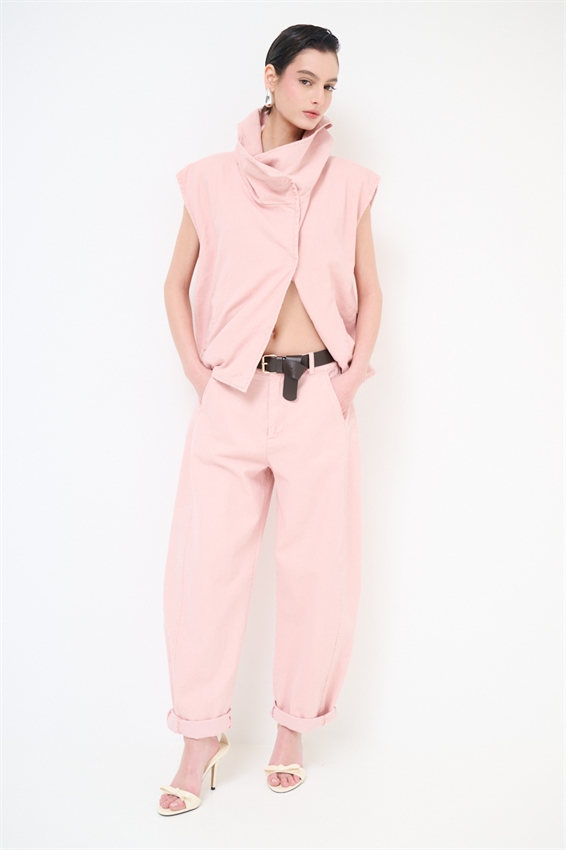 PANTALONE OVETTO DRILL LAVATO + CINTURA ROSA