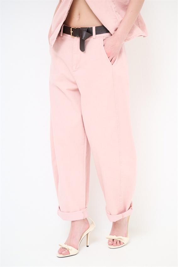 PANTALONE OVETTO DRILL LAVATO + CINTURA ROSA