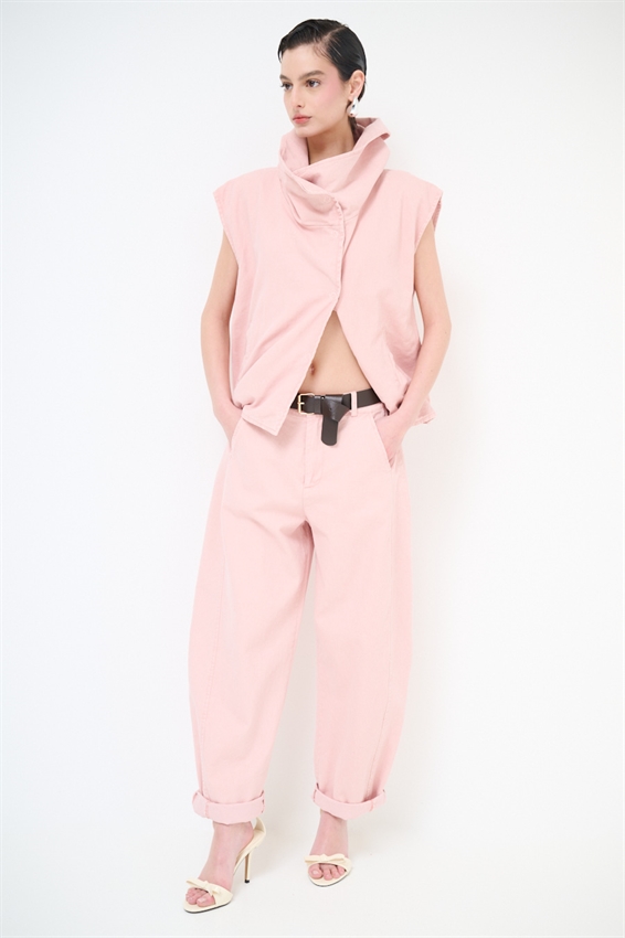 PANTALONE OVETTO DRILL LAVATO + CINTURA ROSA