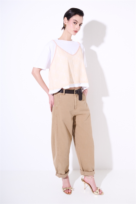 PANTALONE OVETTO DRILL LAVATO + CINTURA SABBIA