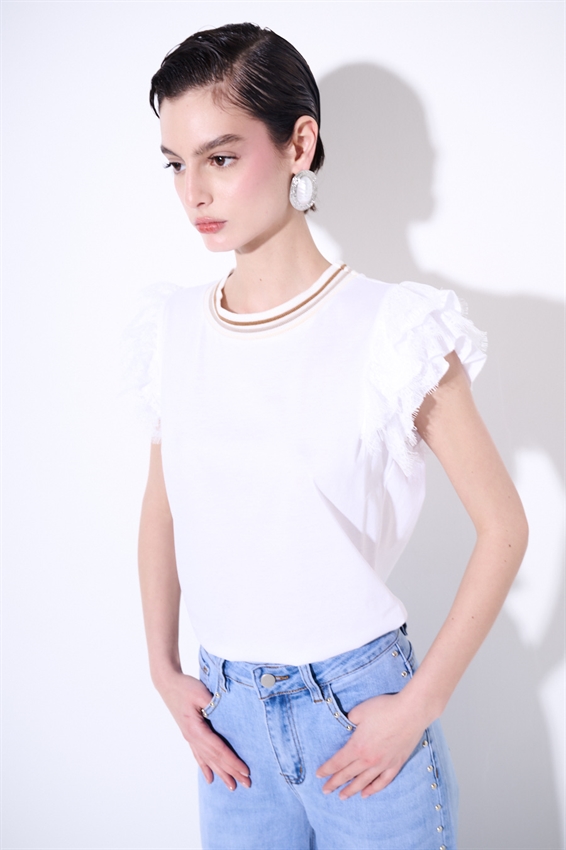 T-SHIRT CON VOLANT PIZZO MANICA + COSTINA BIANCO