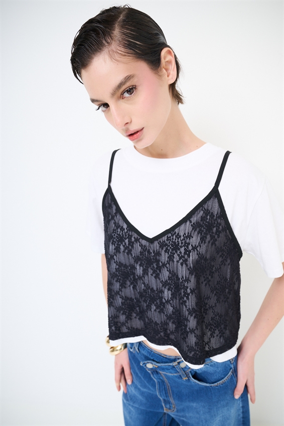 T-SHIRT + TOP PIZZO SOVRAPPOSTO NERO