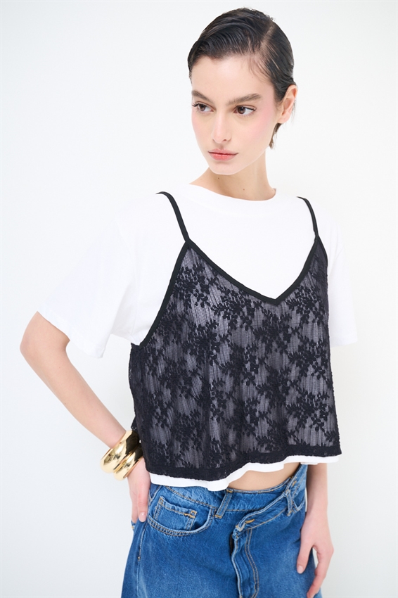 T-SHIRT + TOP PIZZO SOVRAPPOSTO NERO