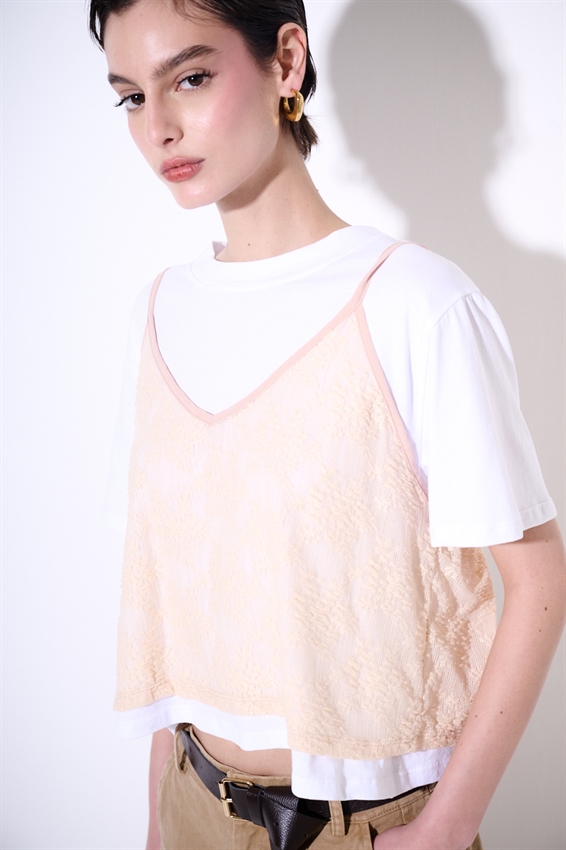 T-SHIRT + TOP PIZZO SOVRAPPOSTO PESCA