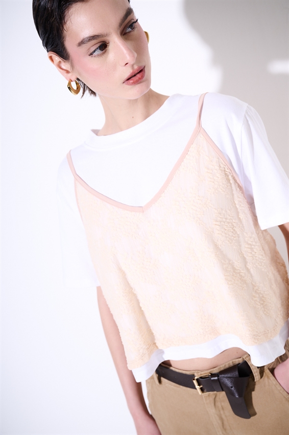 T-SHIRT + TOP PIZZO SOVRAPPOSTO PESCA