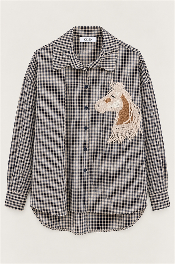 CAMICIA OVER QUADRETTO+RICAMO CAVALLO