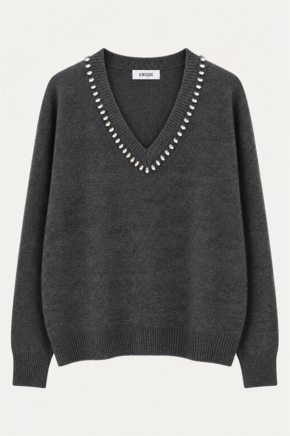 MAGLIA SCOLLO V STRASS LANA CASHMERE