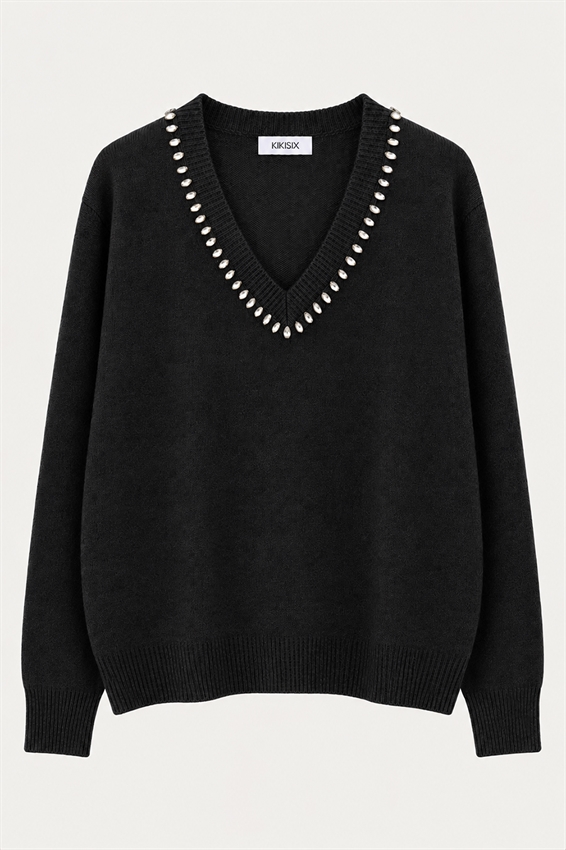 MAGLIA SCOLLO V STRASS LANA CASHMERE