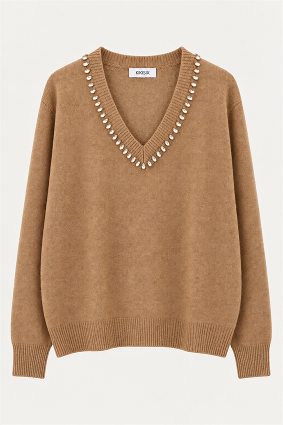 MAGLIA SCOLLO V STRASS LANA CASHMERE