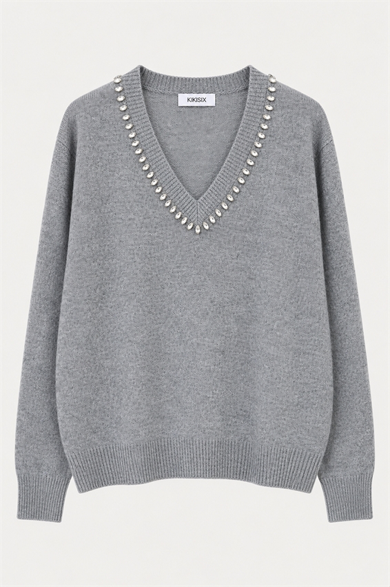 MAGLIA SCOLLO V STRASS LANA CASHMERE
