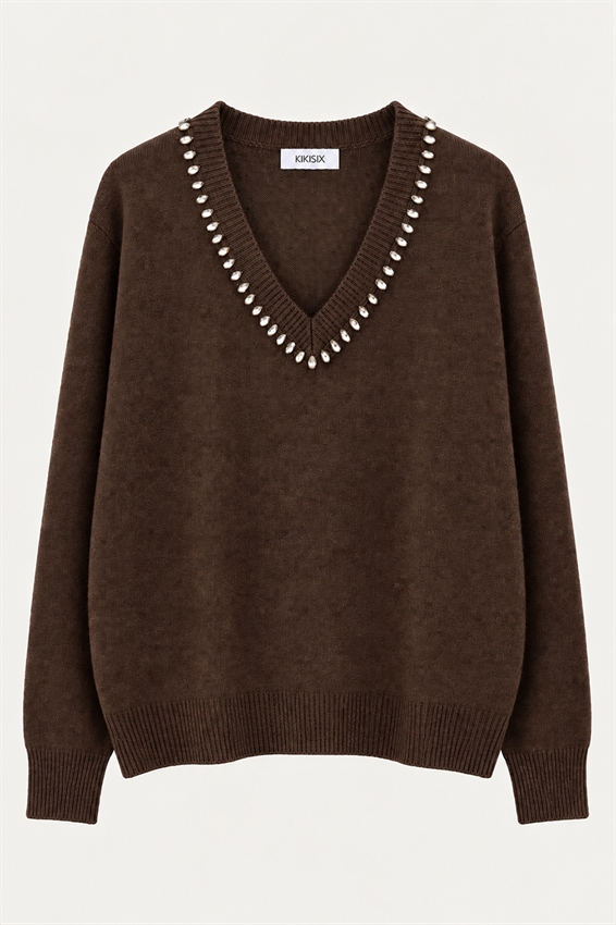 MAGLIA SCOLLO V STRASS LANA CASHMERE