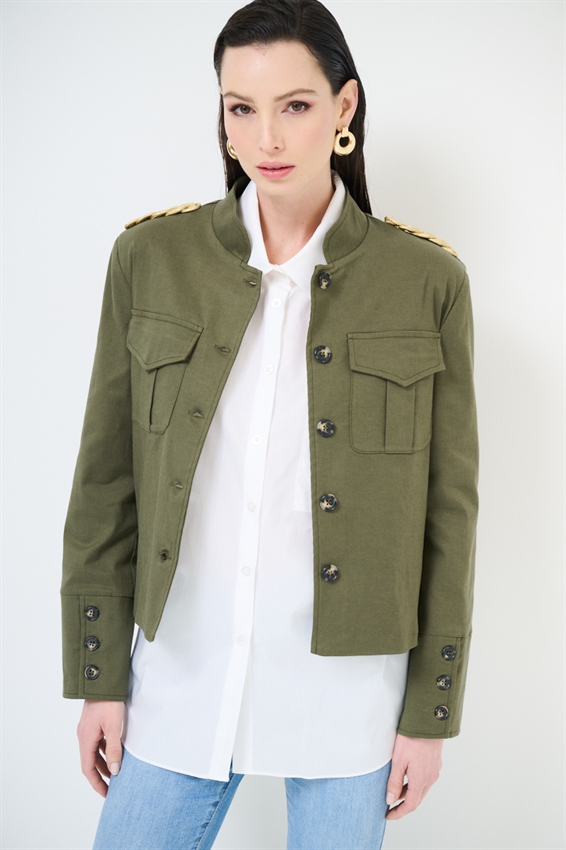 GIACCA CORTA CON TASCHE CARGO E RICAMO SPALLA VERDE MILITARE