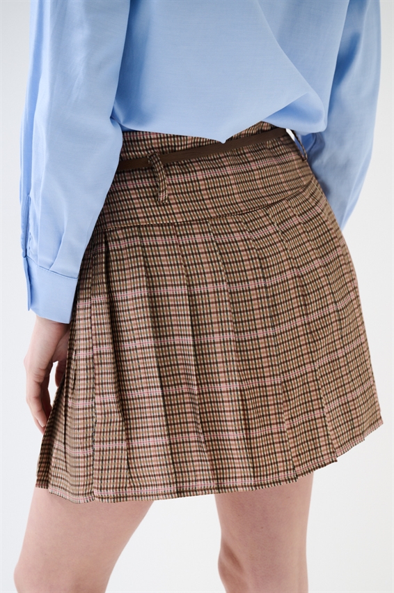 MINIGONNA A PIEGHE A QUADRO CON CINTURA NOCCIOLA