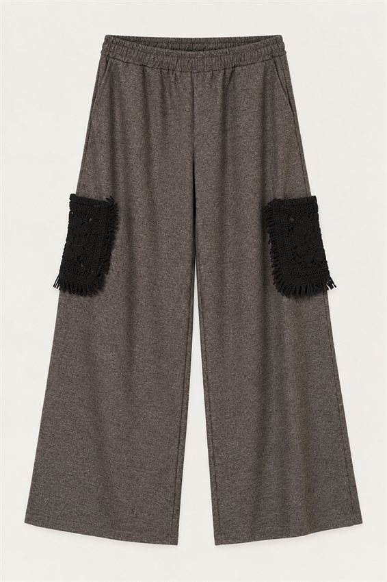 PANTA PALAZZO CON TASCA MACRAME