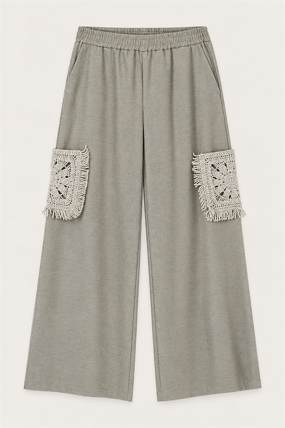 PANTA PALAZZO CON TASCA MACRAME