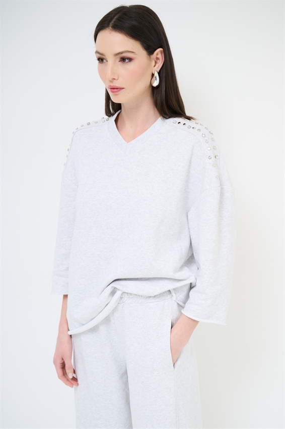 FELPA OVER MEZZA MANICA CON APPLICAZIONI SPALLA GRIGIO