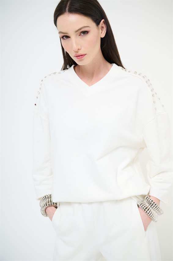 FELPA OVER MEZZA MANICA CON APPLICAZIONI SPALLA PANNA