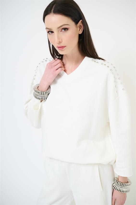 FELPA OVER MEZZA MANICA CON APPLICAZIONI SPALLA PANNA