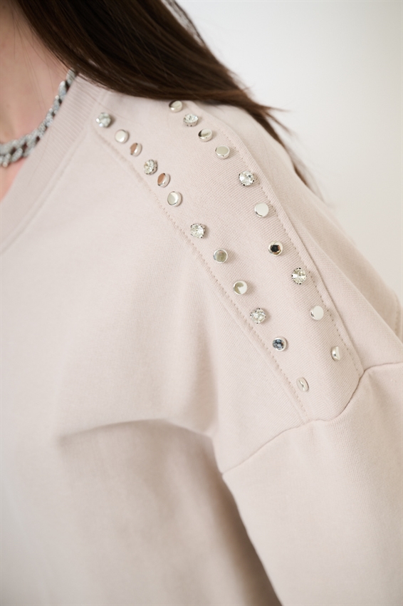 FELPA OVER MEZZA MANICA CON APPLICAZIONI SPALLA SABBIA