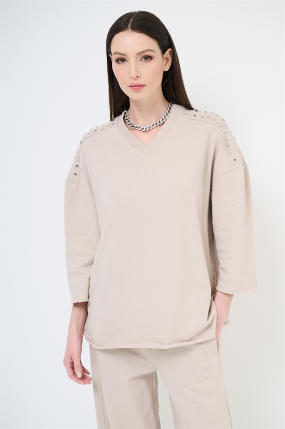 FELPA OVER MEZZA MANICA CON APPLICAZIONI SPALLA SABBIA