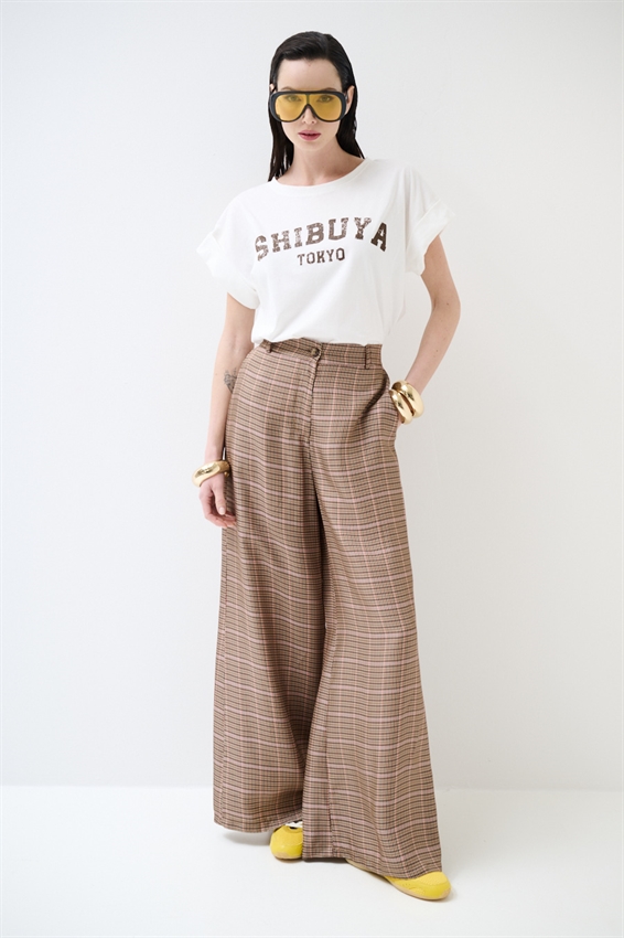 PANTAPALAZZO A QUADRO CON ELASTICO DIETRO NOCCIOLA