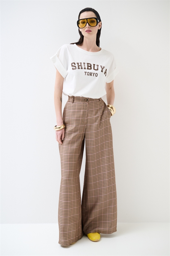 PANTAPALAZZO A QUADRO CON ELASTICO DIETRO NOCCIOLA