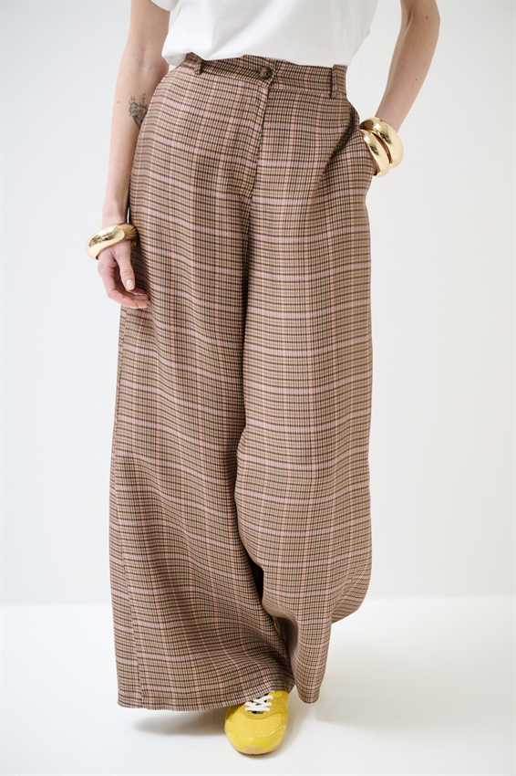 PANTAPALAZZO A QUADRO CON ELASTICO DIETRO NOCCIOLA