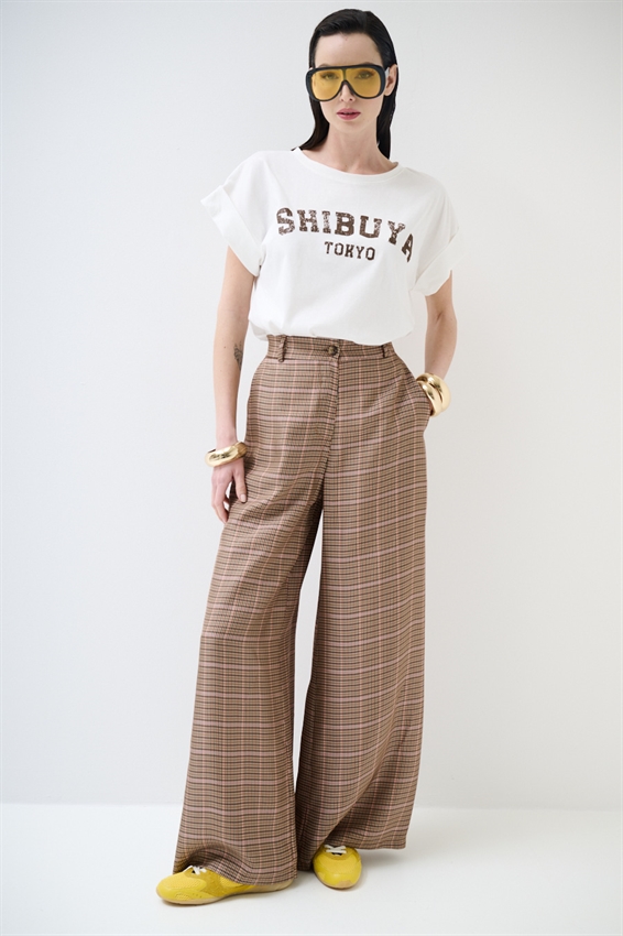 PANTAPALAZZO A QUADRO CON ELASTICO DIETRO NOCCIOLA