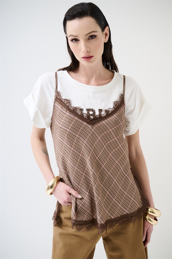 TOP A QUADRO CON BRETELLE E PIZZO NOCCIOLA