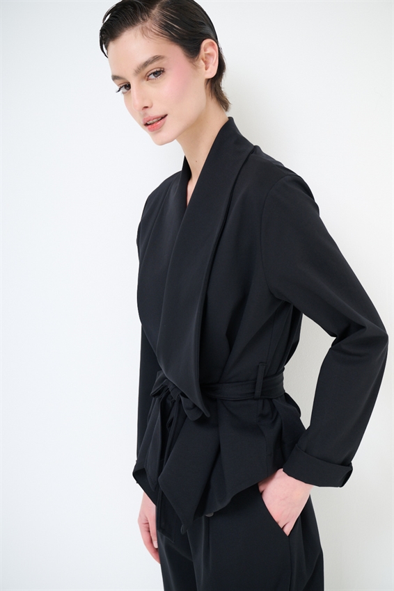 GIACCA KIMONO CON CINTURA IN PUNTO MILANO NERO