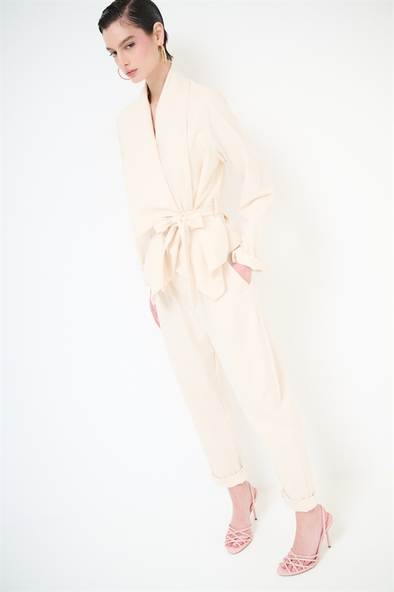 GIACCA KIMONO CON CINTURA IN PUNTO MILANO BURRO