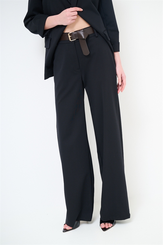 PANTA PALAZZO CON CINTURA IN PUNTO MILANO NERO
