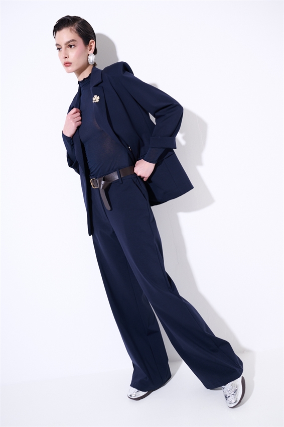 PANTA PALAZZO CON CINTURA IN PUNTO MILANO BLU