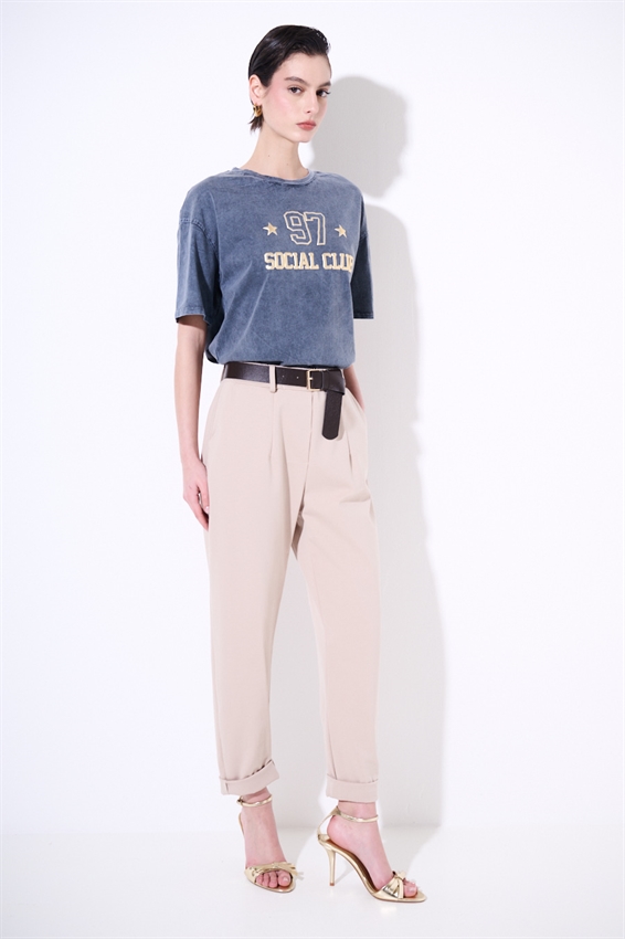 PANTALONE OVETTO PUNTO MILANO CON PINCES E CINTURA SABBIA