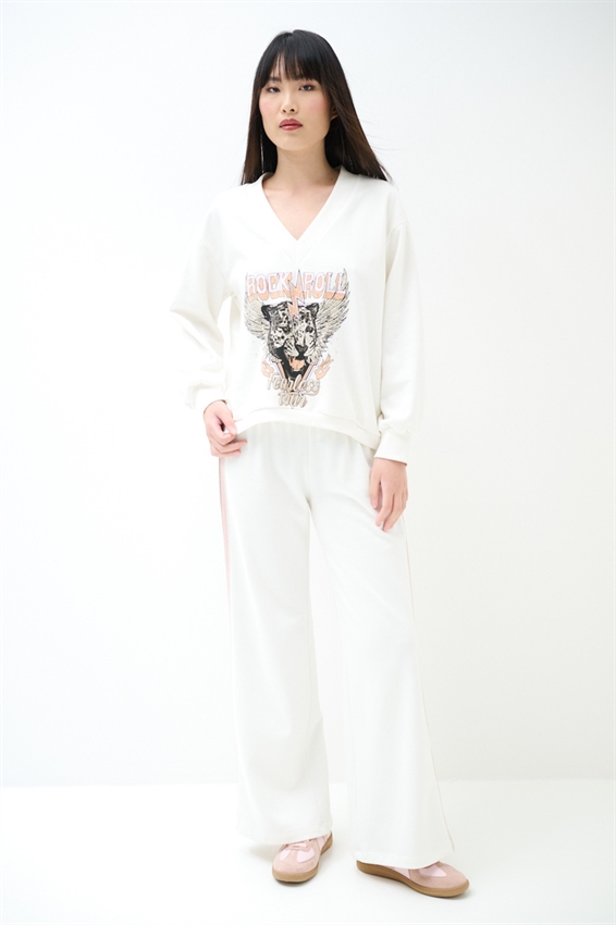 PANTALONE LARGO CON COSTINA ROSA E BEIGE PANNA