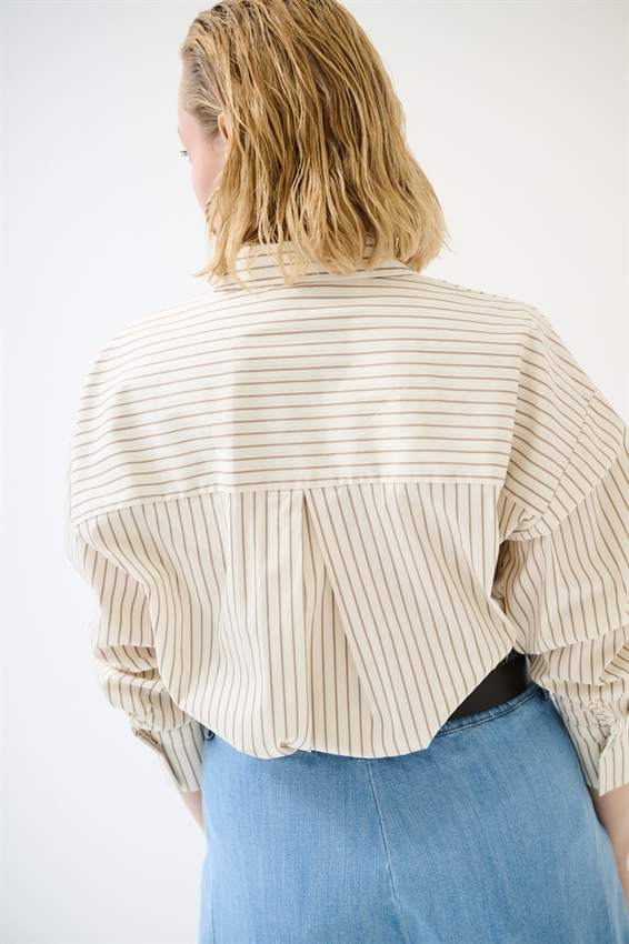 CAMICIA A RIGHE OVER CON PATTINE E STRASS IN POP. PANNA