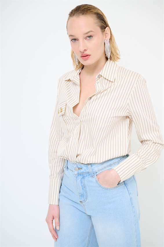 CAMICIA A RIGHE CON STRASS PANNA