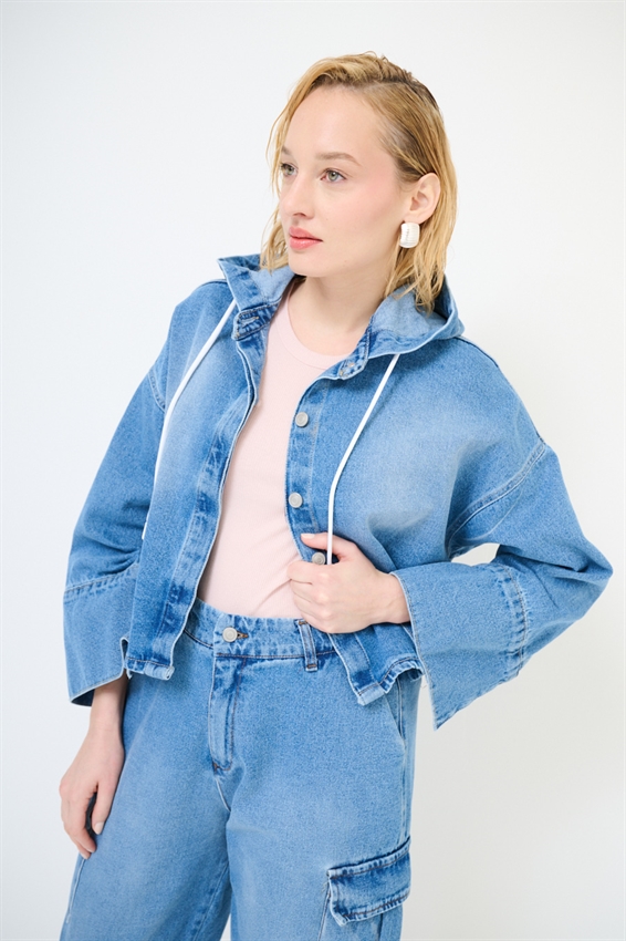 GIUBBOTTO DENIM CON CAPPUCCIO BLU MEDIO