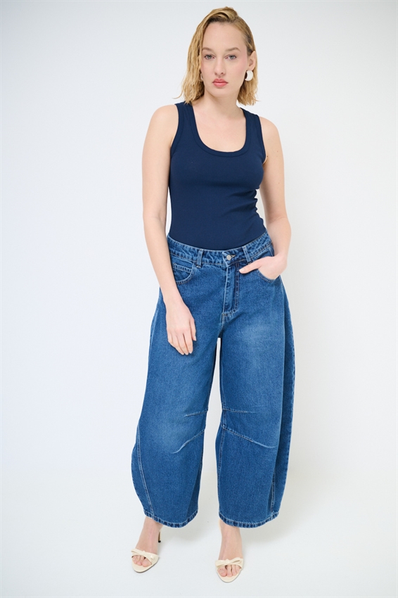 JEANS BALLOON CON IMPUNTURE GINOCCHIA BLU SCURO